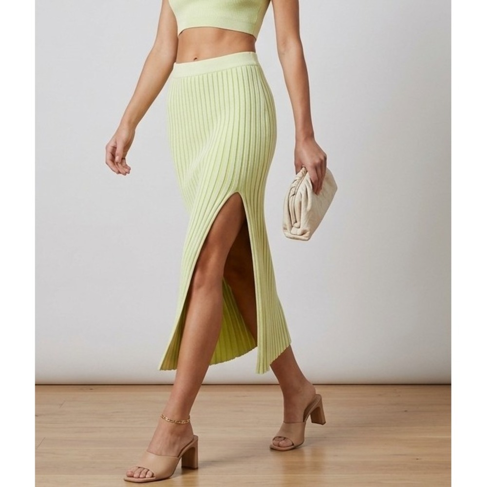 By Together M Lime Green Ribbed Knit Pencil Bodycon Midi Skirt Side Slit